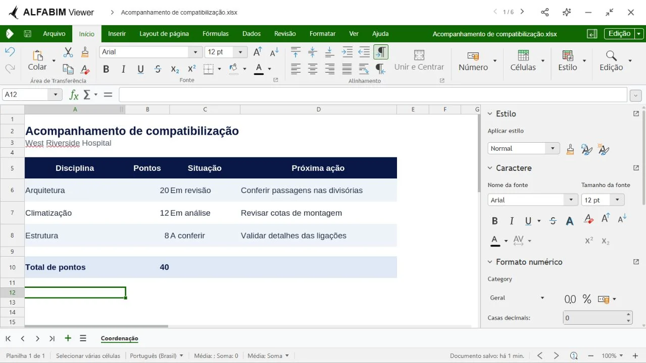 Planilha de coordenação aberta no editor da Alfabim