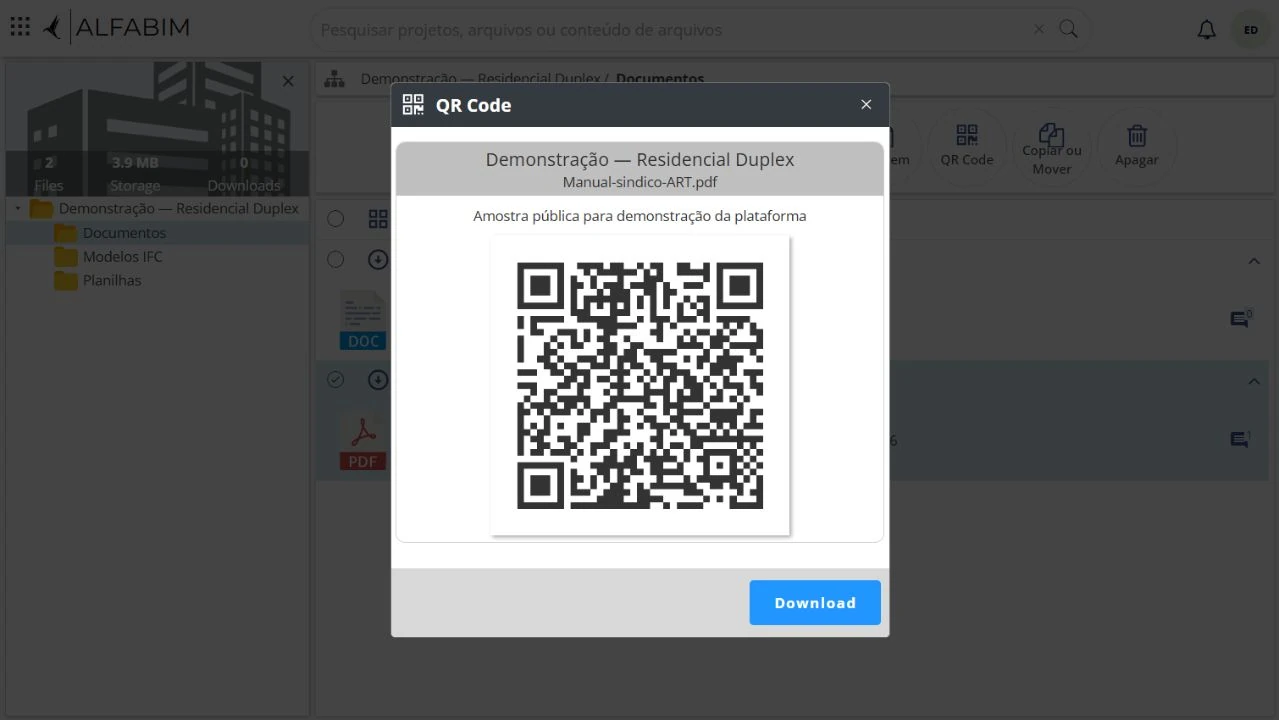Janela de geração de QR Code na AlfaBIM