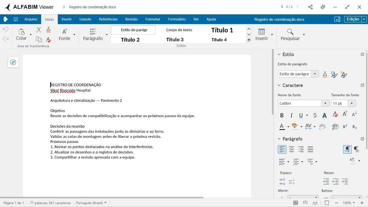 Registro de coordenação aberto no editor de documentos